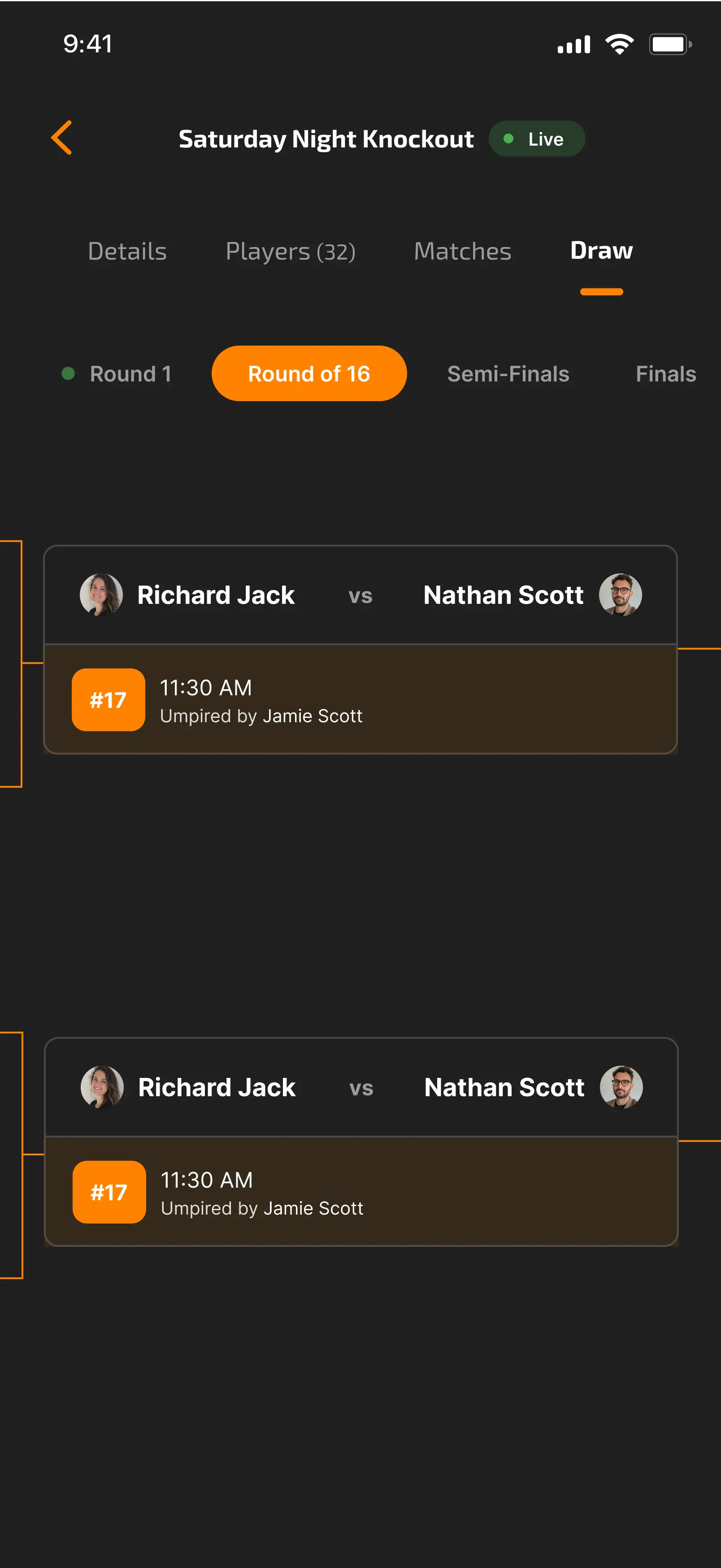Tournament Details - Draw Setup - live screen